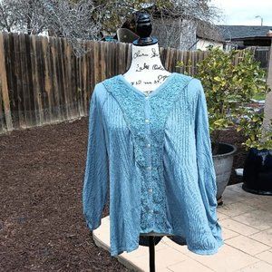 Blue Style & Co. Blouse Top Lace Button-Down Size L XL 1X Peasant Gypsy